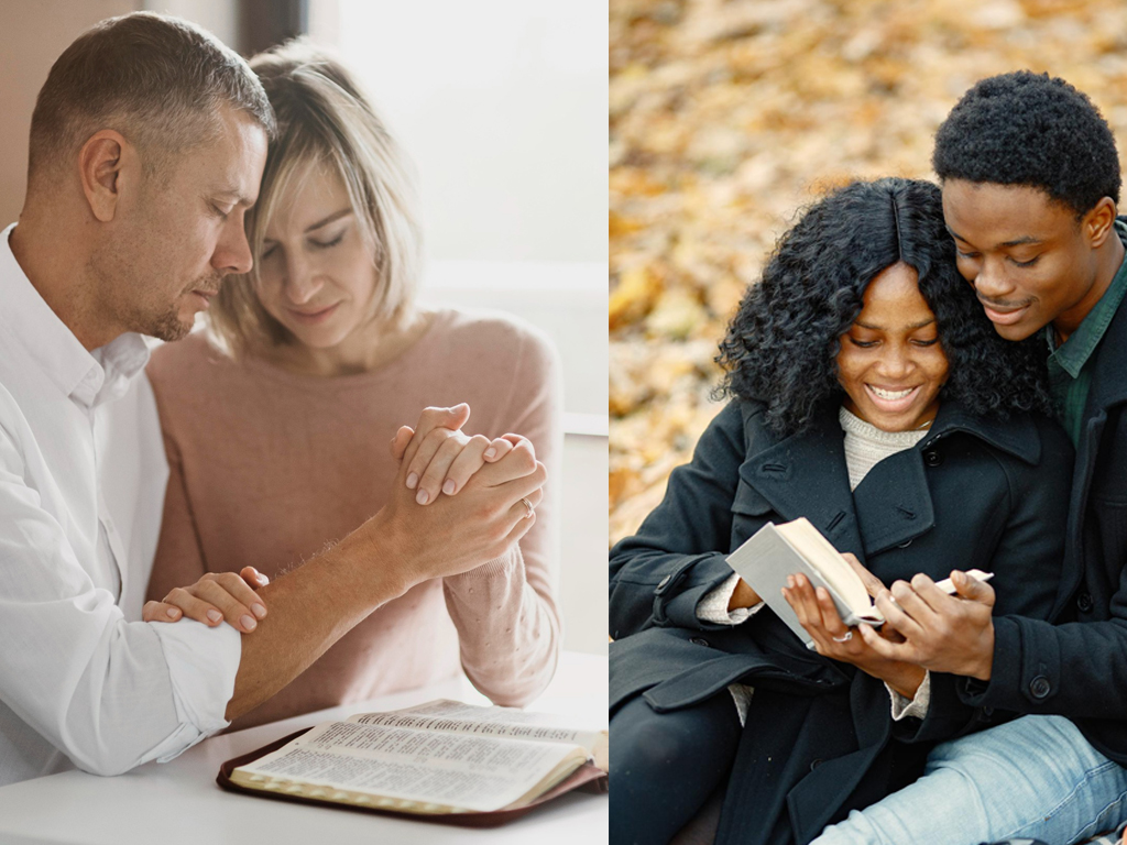 Casais orando e lendo a Bíblia juntos